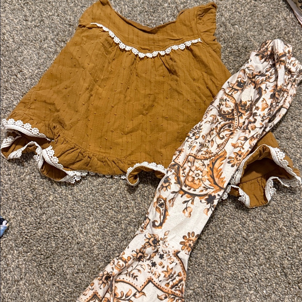 Brown Ruffled Top and Floral Pants Set